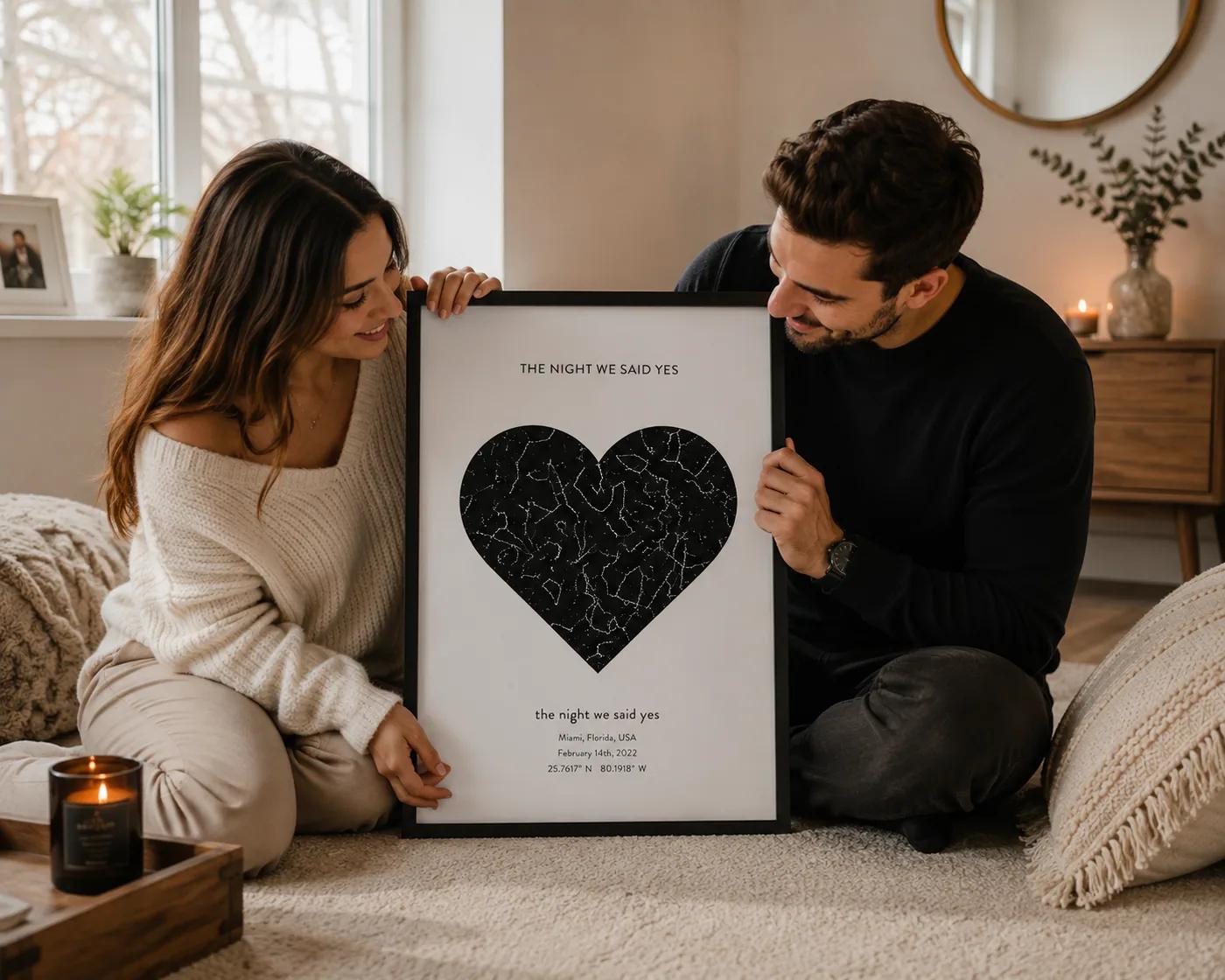A framed engagement star map styled in a home