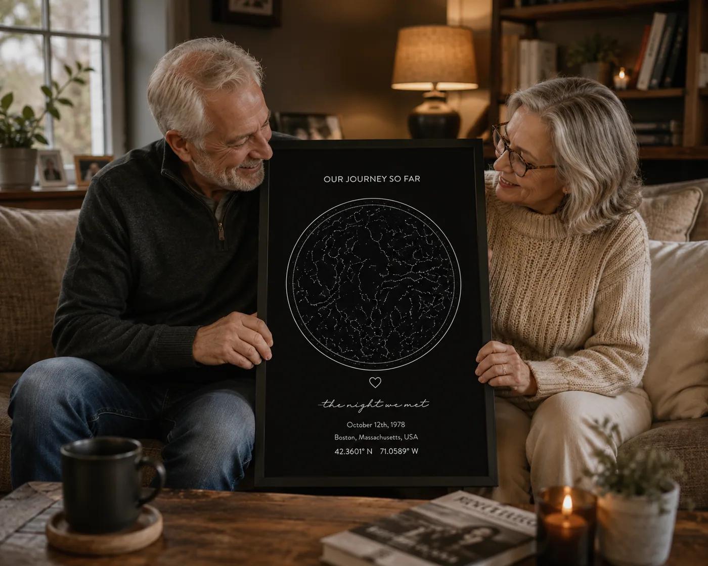 A framed long distance star map styled in a home