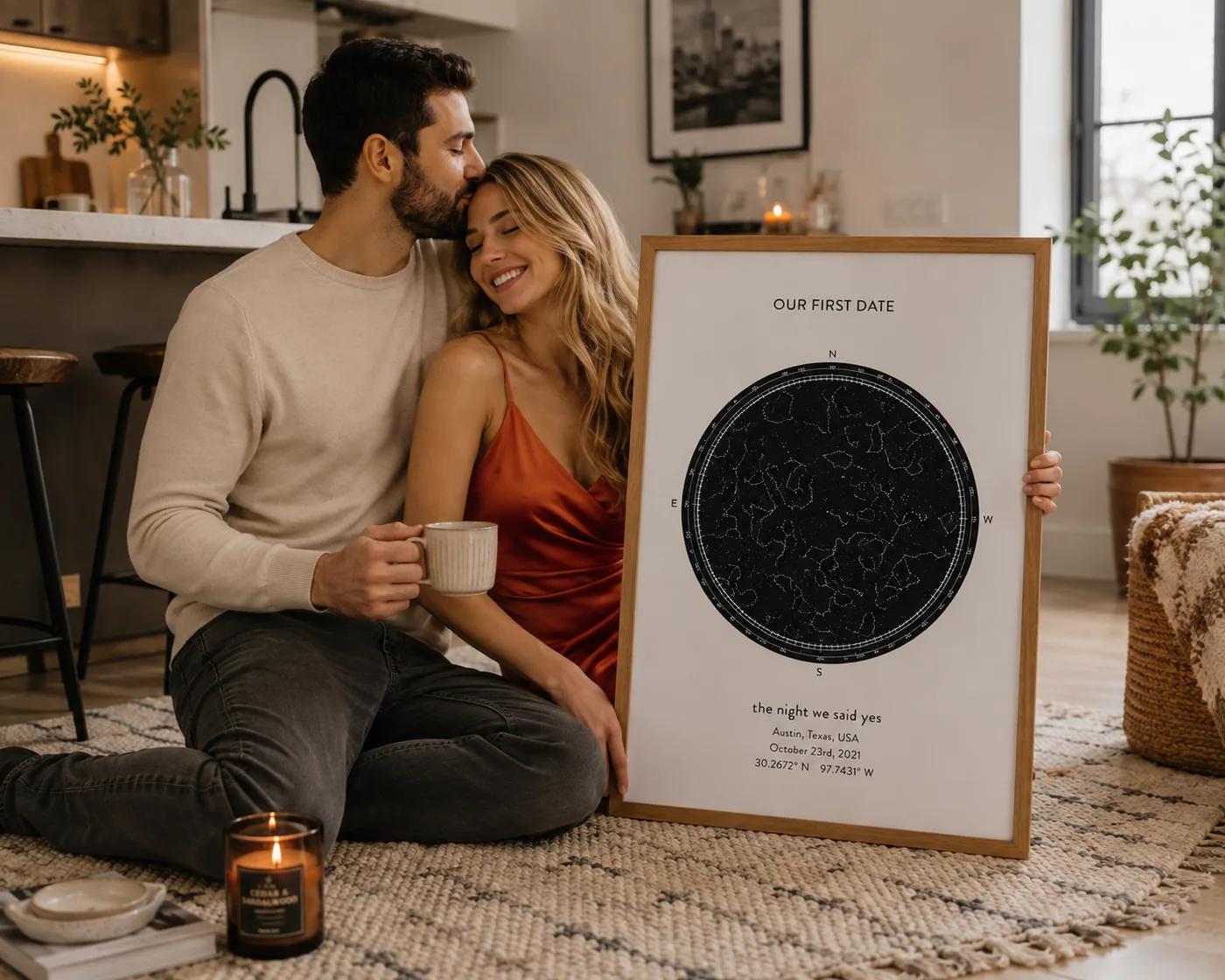 A framed mother's day star map styled in a home