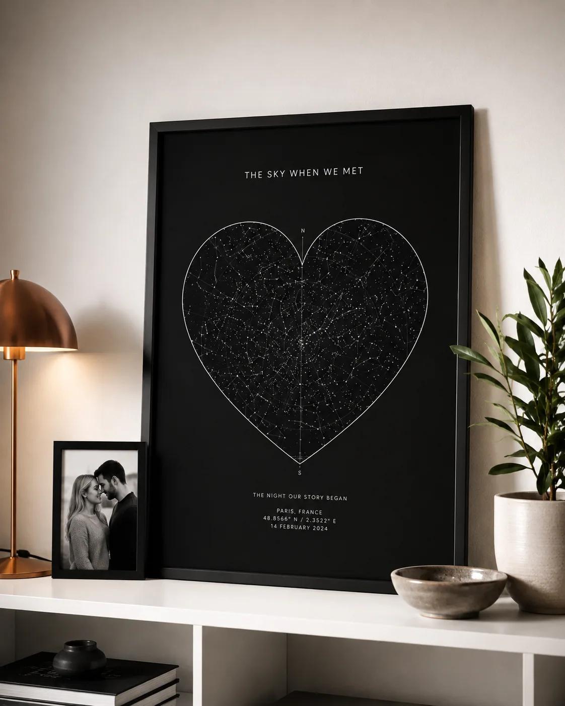 Framed star map poster on a wall